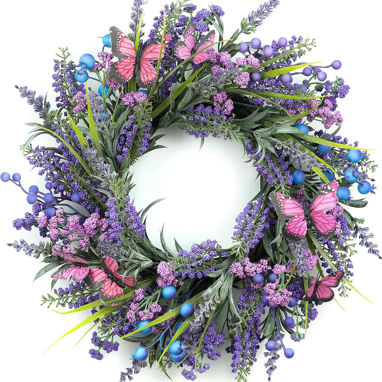 Lavender Wreaths for Front Door 18 Inch Summer Wreath with Lavender,Berries, Butterflies,for Year-Round Use Indoors and Outdoors